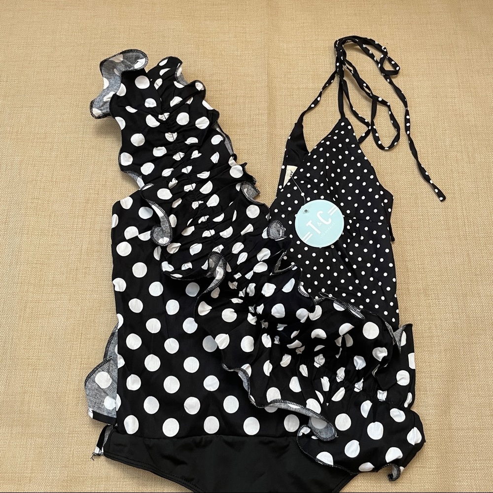Tea & Cup B&W Polka Dot Cotton Ruffle Lined Spaghetti Strap Bodysuit